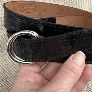 Talbots black croc-embossed leather belt silver-tone O-ring buckle Italy Made M